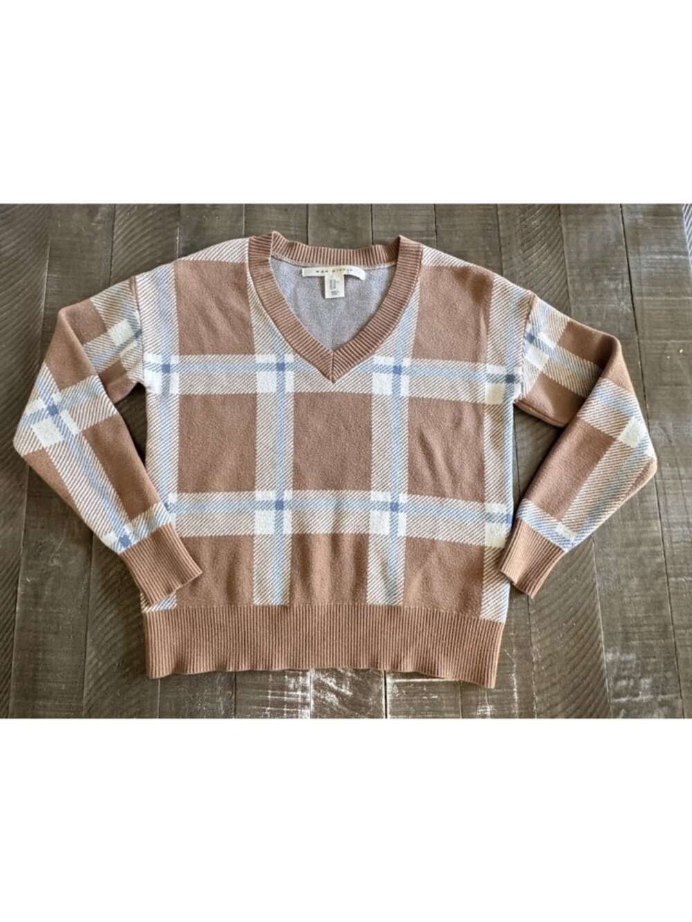 Max Studio Womens V Neck Long Sleeve Plaid V Neck Sweater Brown Blue Cream Sz XS